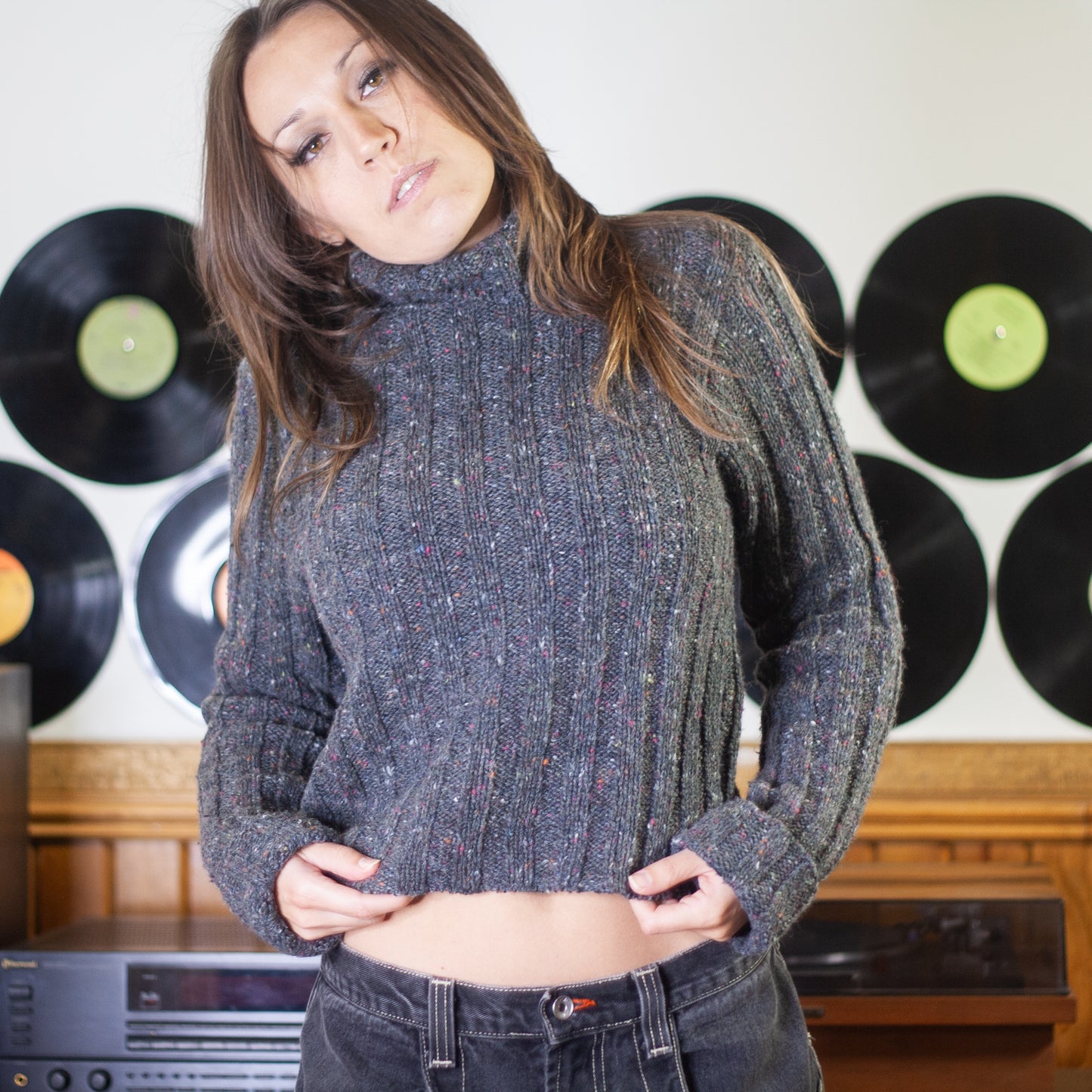 vintage 90s speckled grey rib knit turtleneck sweater
