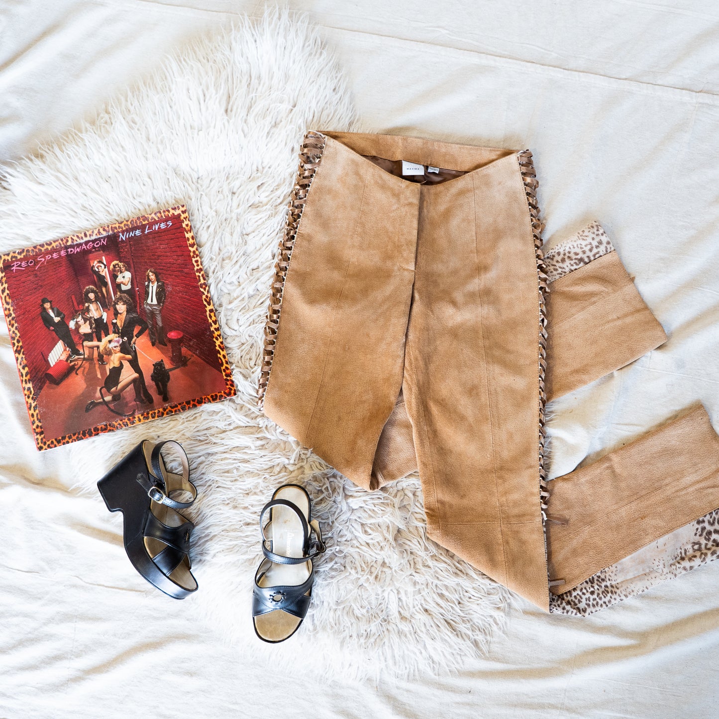 vintage y2K super low rise suede & leopard print lace up flare pants