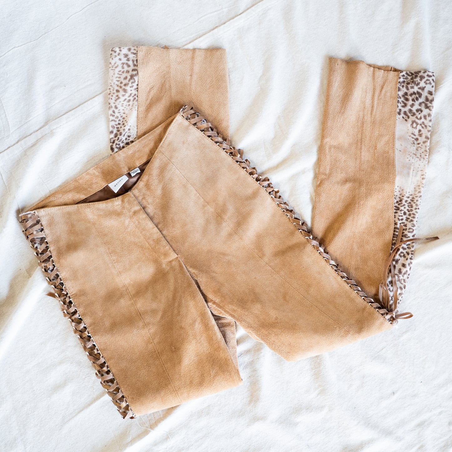 vintage y2K super low rise suede & leopard print lace up flare pants
