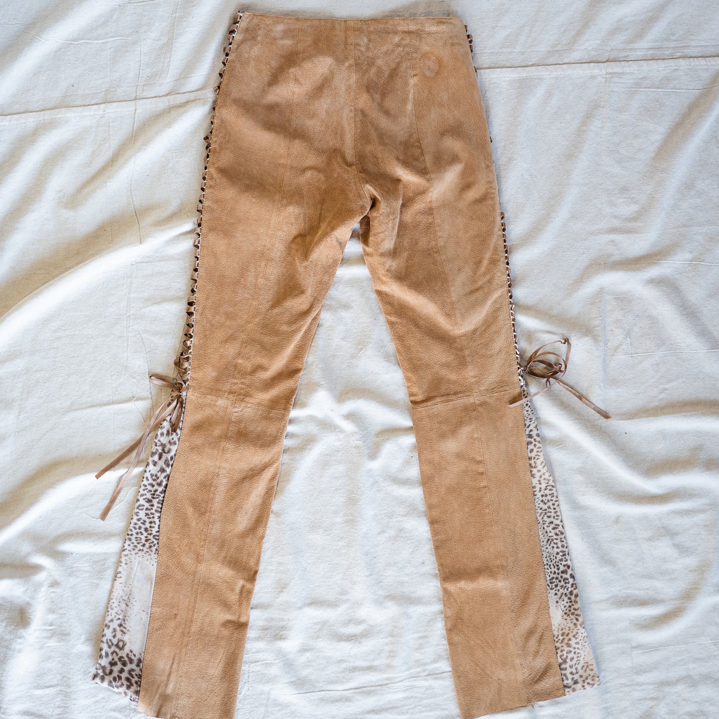 vintage y2K super low rise suede & leopard print lace up flare pants