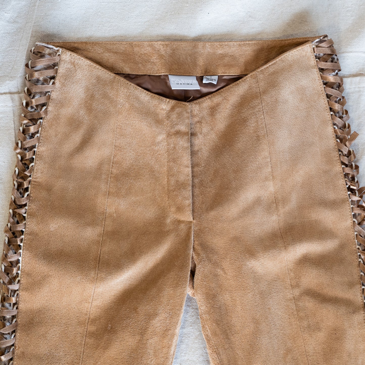 vintage y2K super low rise suede & leopard print lace up flare pants