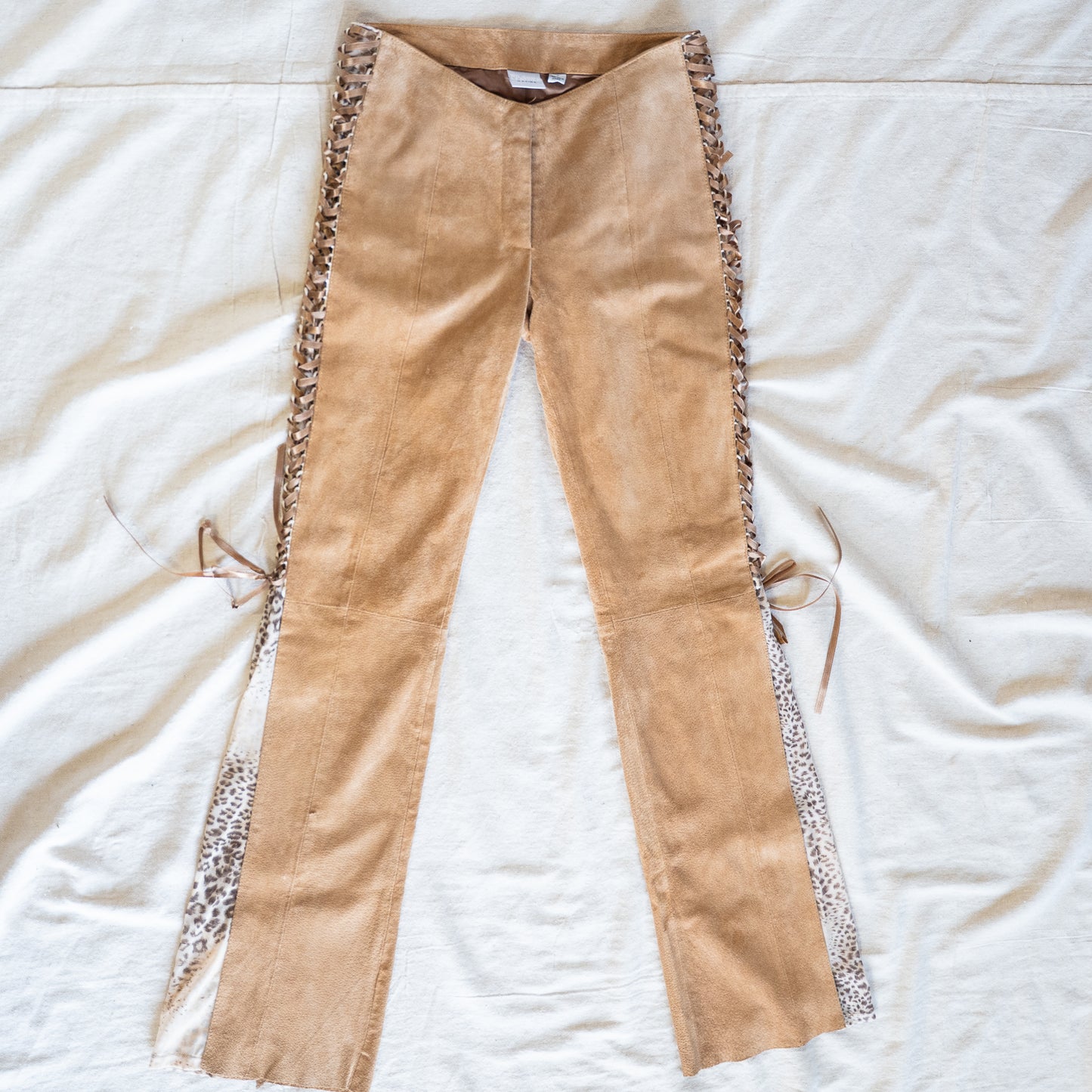 vintage y2K super low rise suede & leopard print lace up flare pants