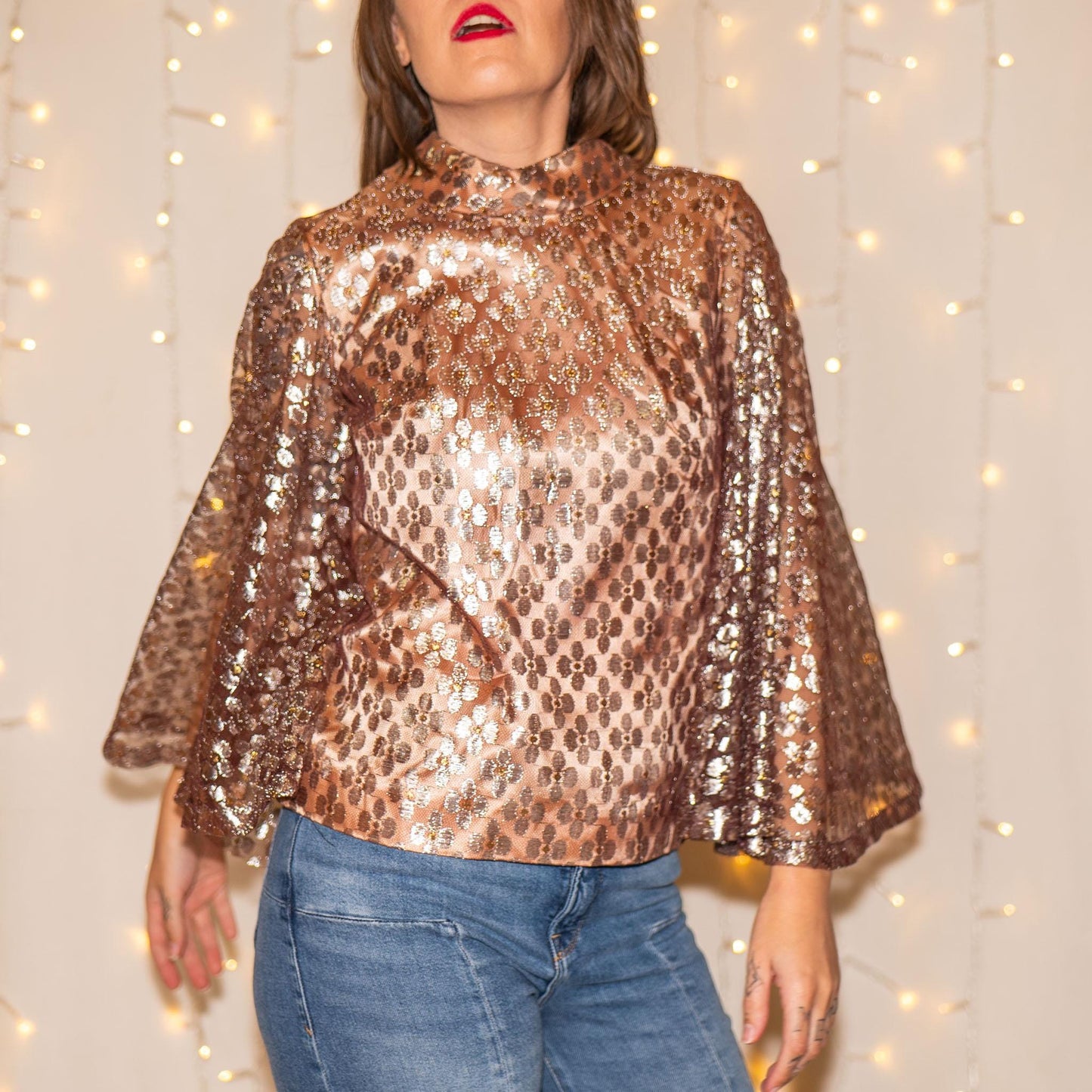 vintage 60s shimmery floral lurex cape blouse