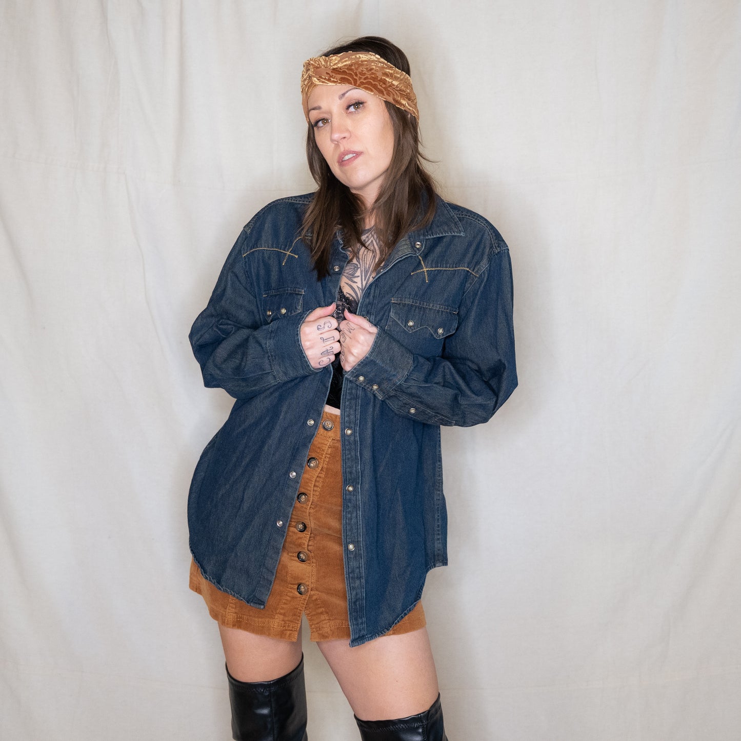 modern y2k denim snap up western shirt