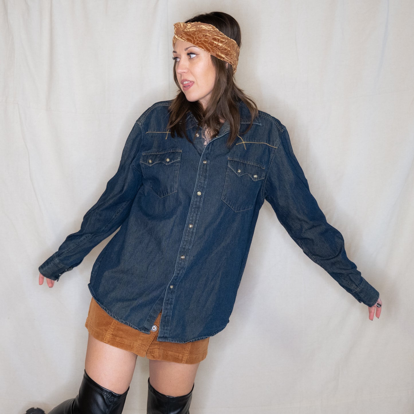 modern y2k denim snap up western shirt