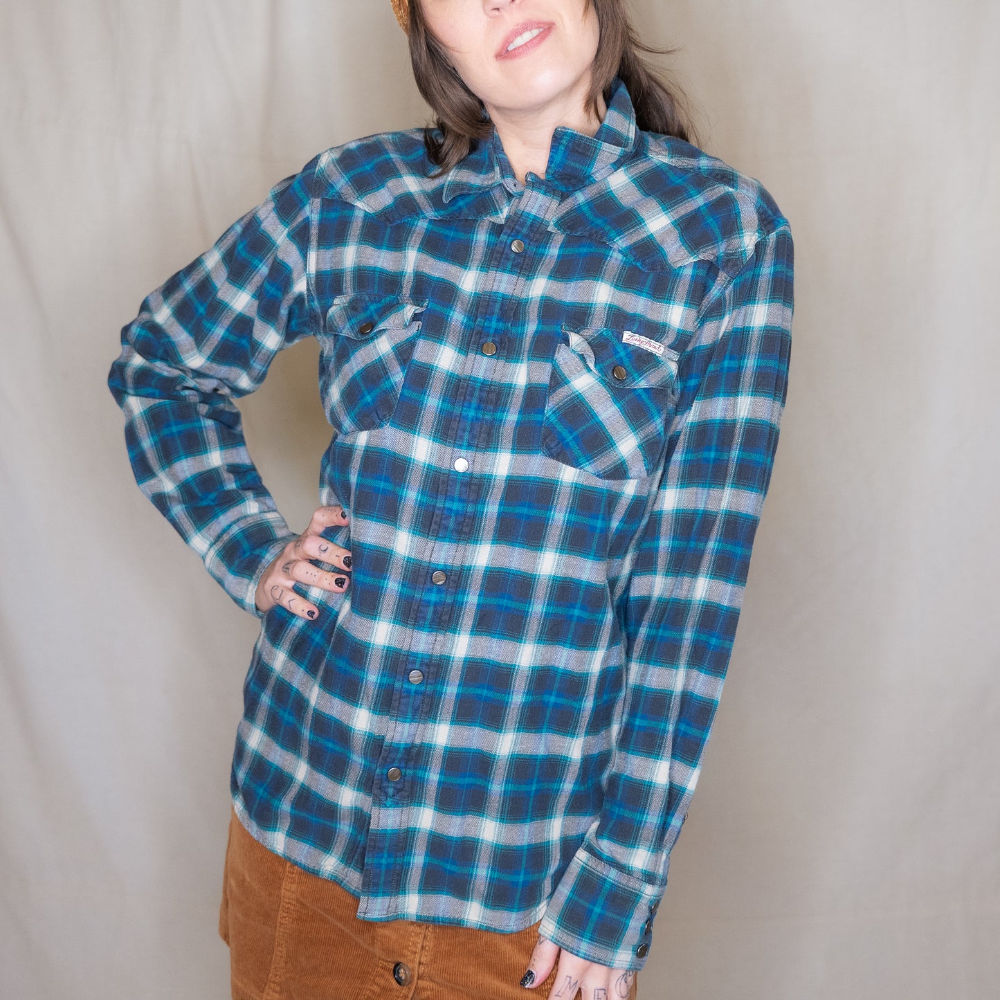 modern lucky brand plaid western snap up flannel shirt