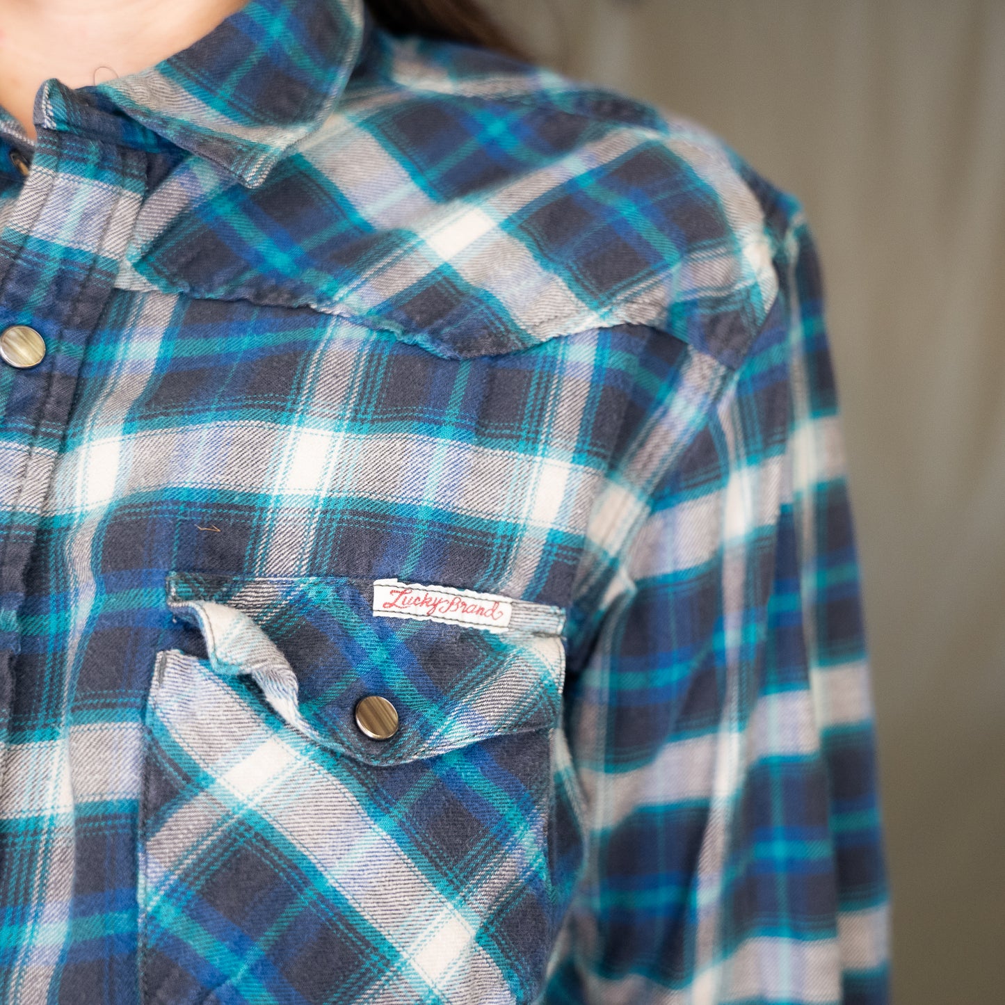 modern lucky brand plaid western snap up flannel shirt