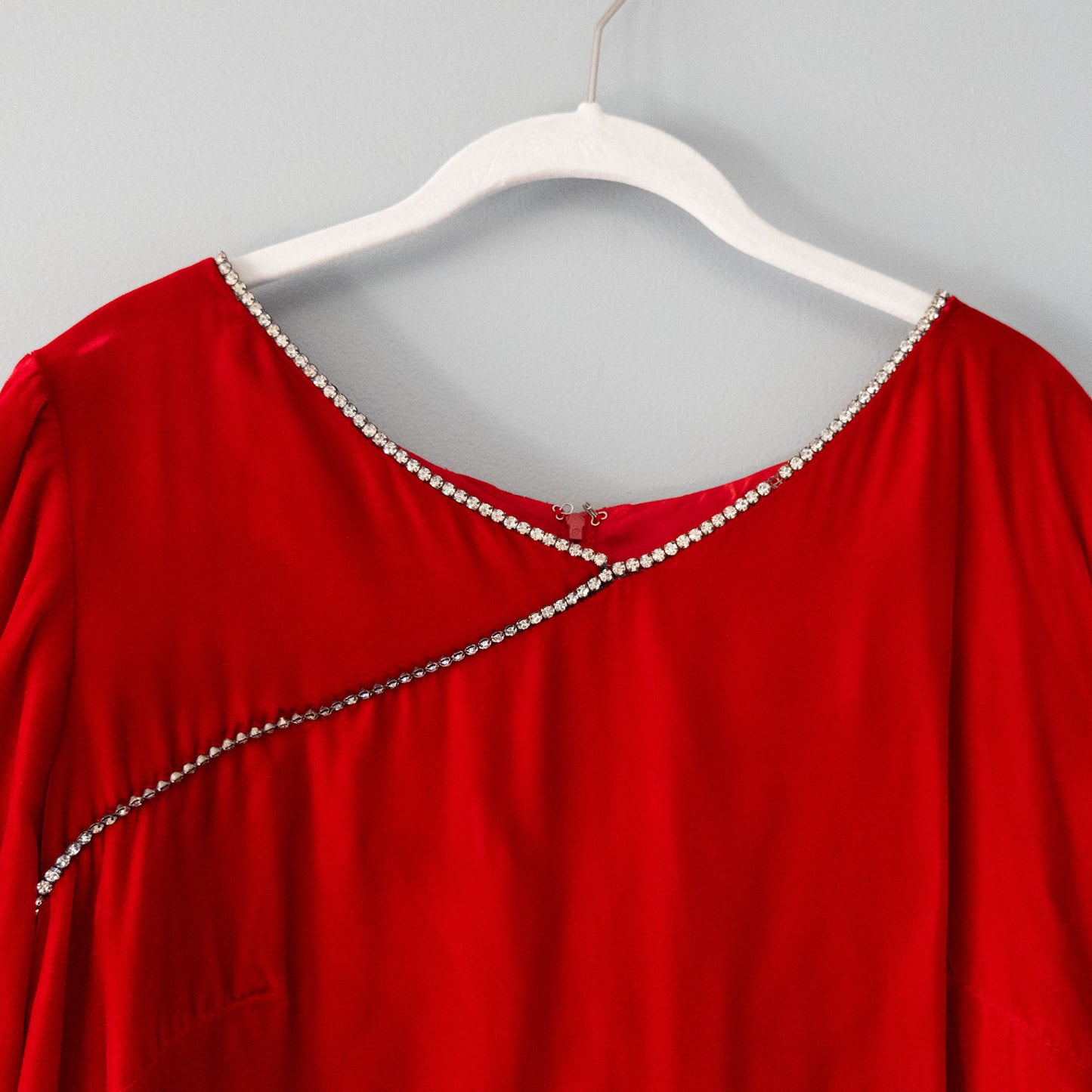 vintage 60s red velvet dress with rhinestone trim