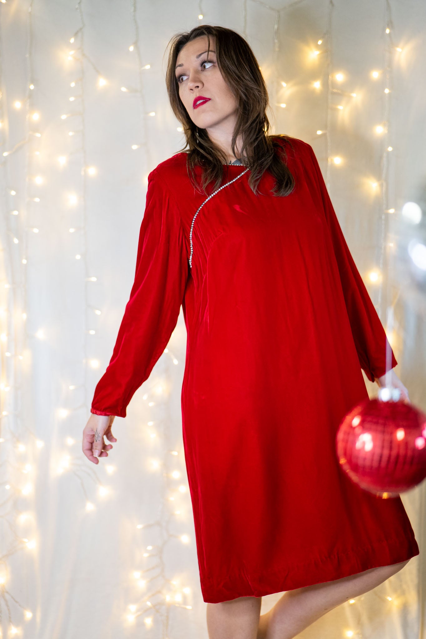 vintage 60s red velvet dress with rhinestone trim