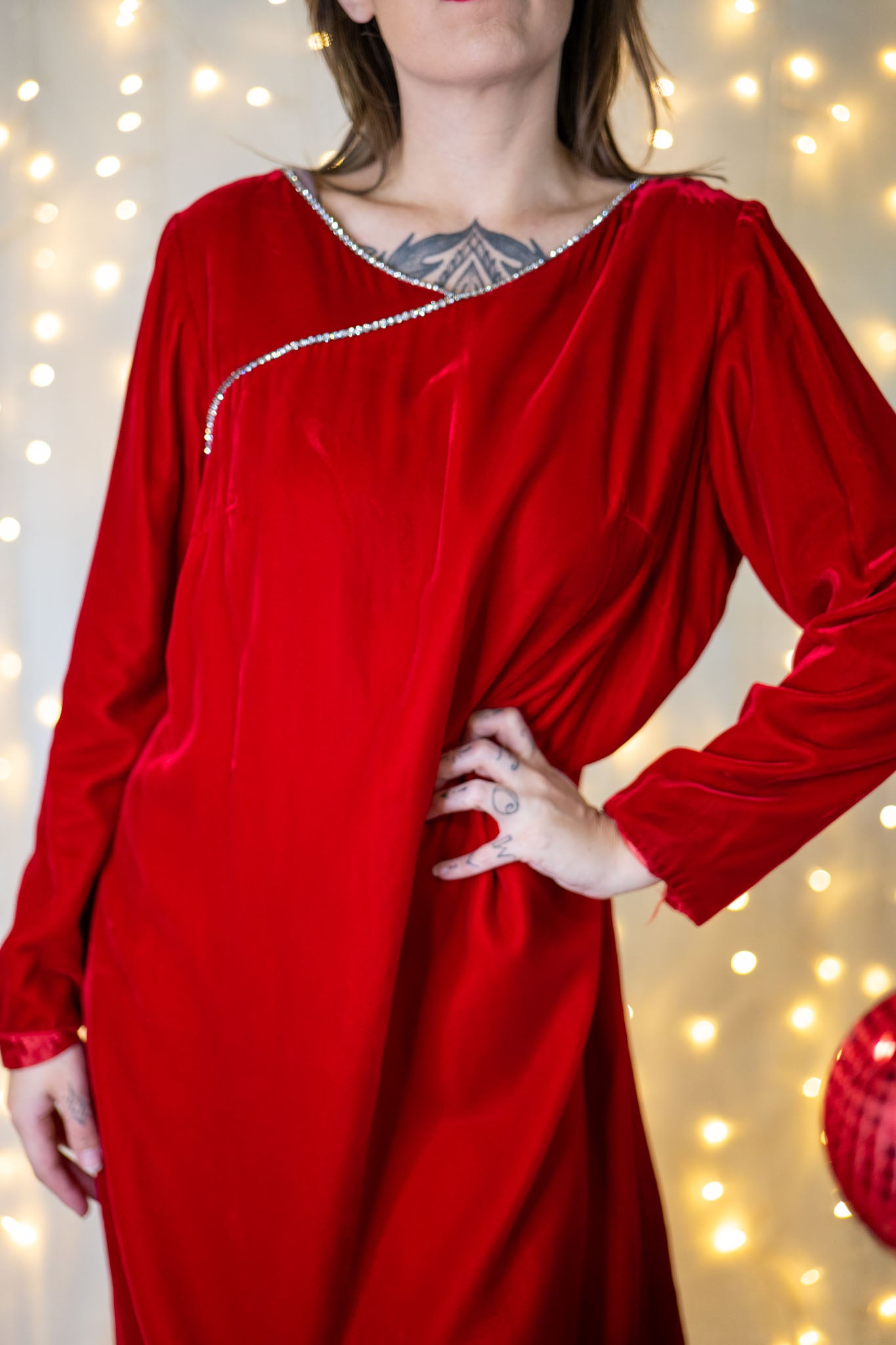 vintage 60s red velvet dress with rhinestone trim