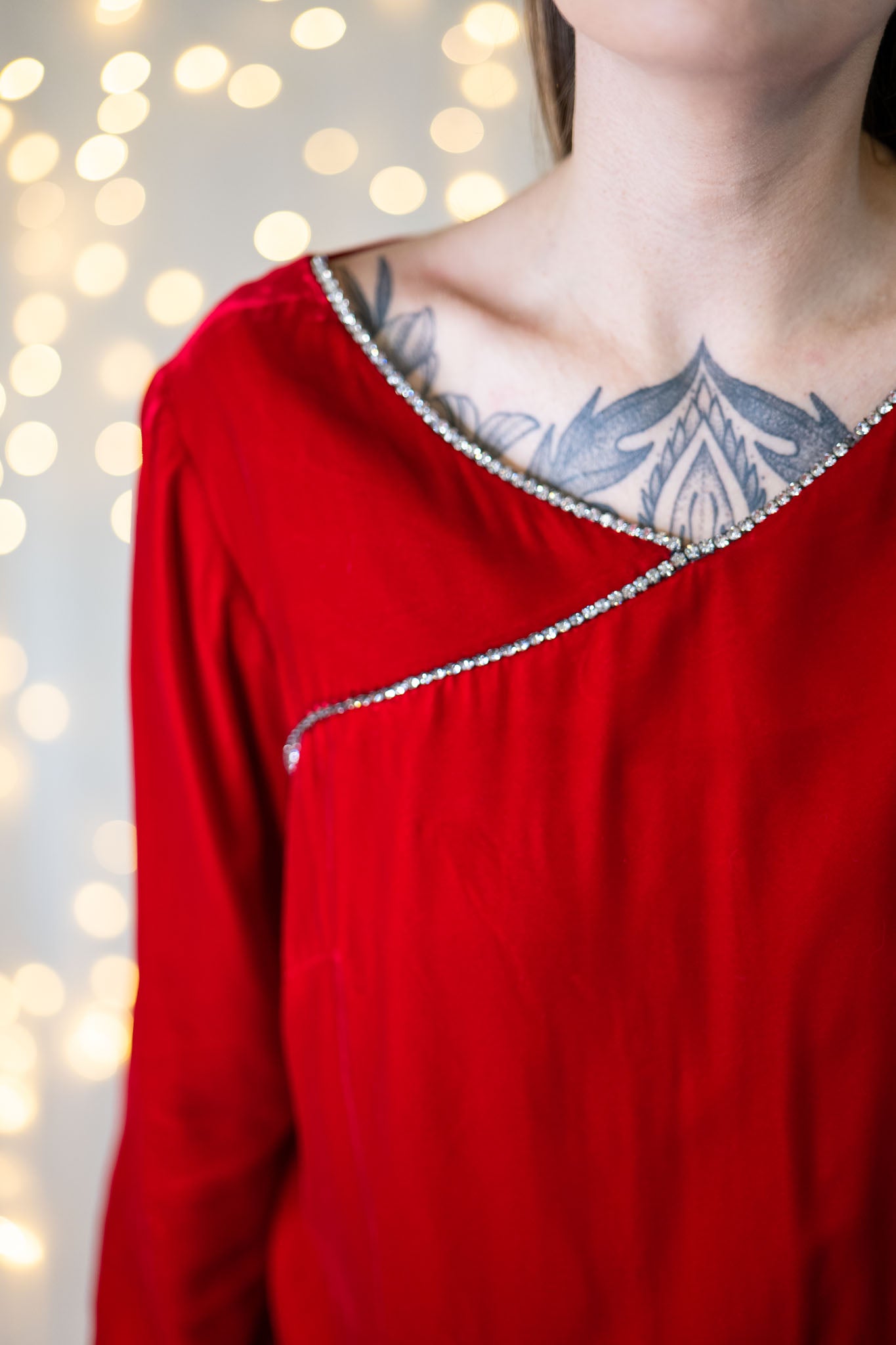 vintage 60s red velvet dress with rhinestone trim
