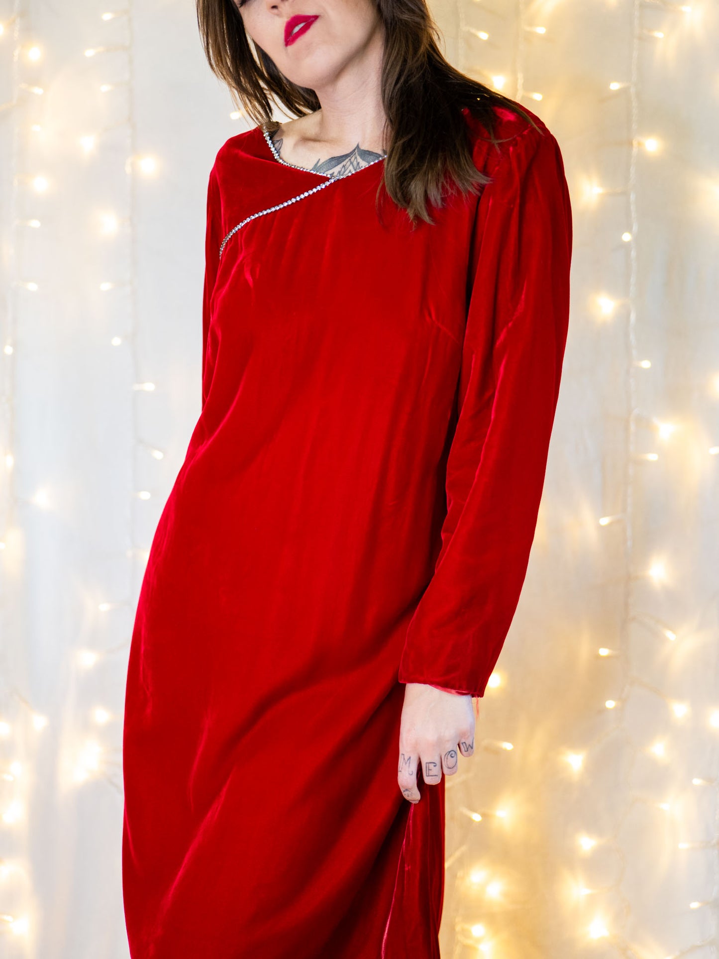 vintage 60s red velvet dress with rhinestone trim