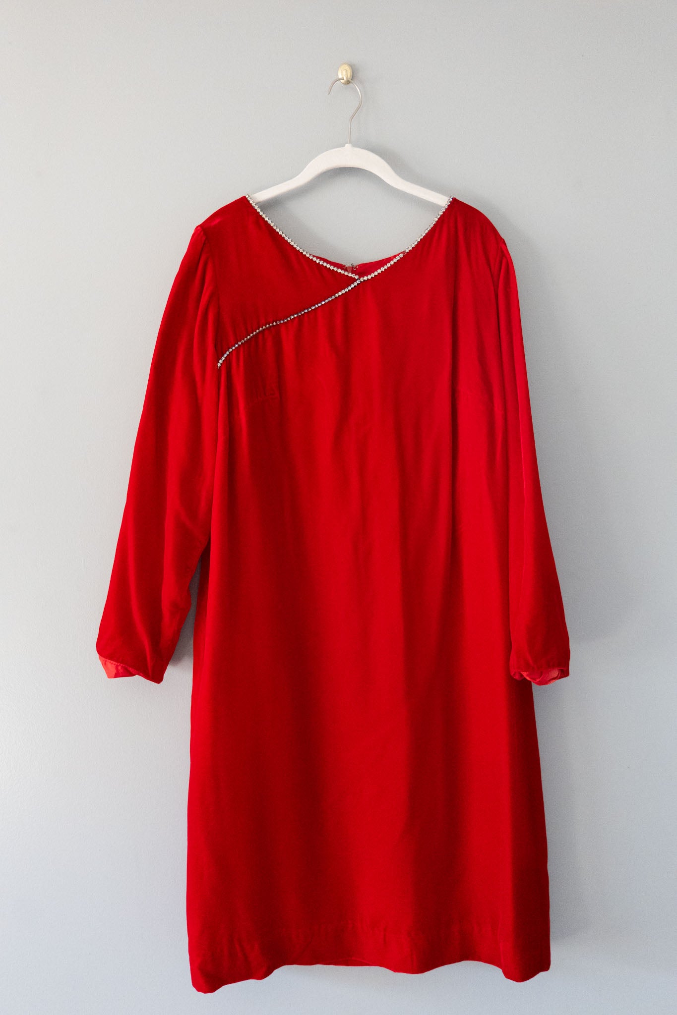 vintage 60s red velvet dress with rhinestone trim