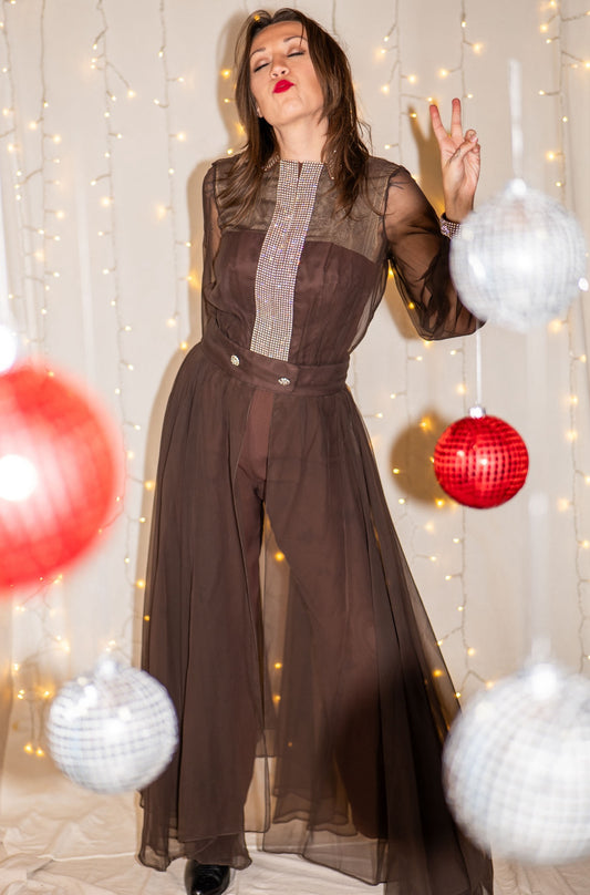 vintage 60s rhinestone collared jumpsuit with sheer skirt