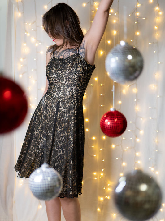 vintage 60s black lace A-line dress