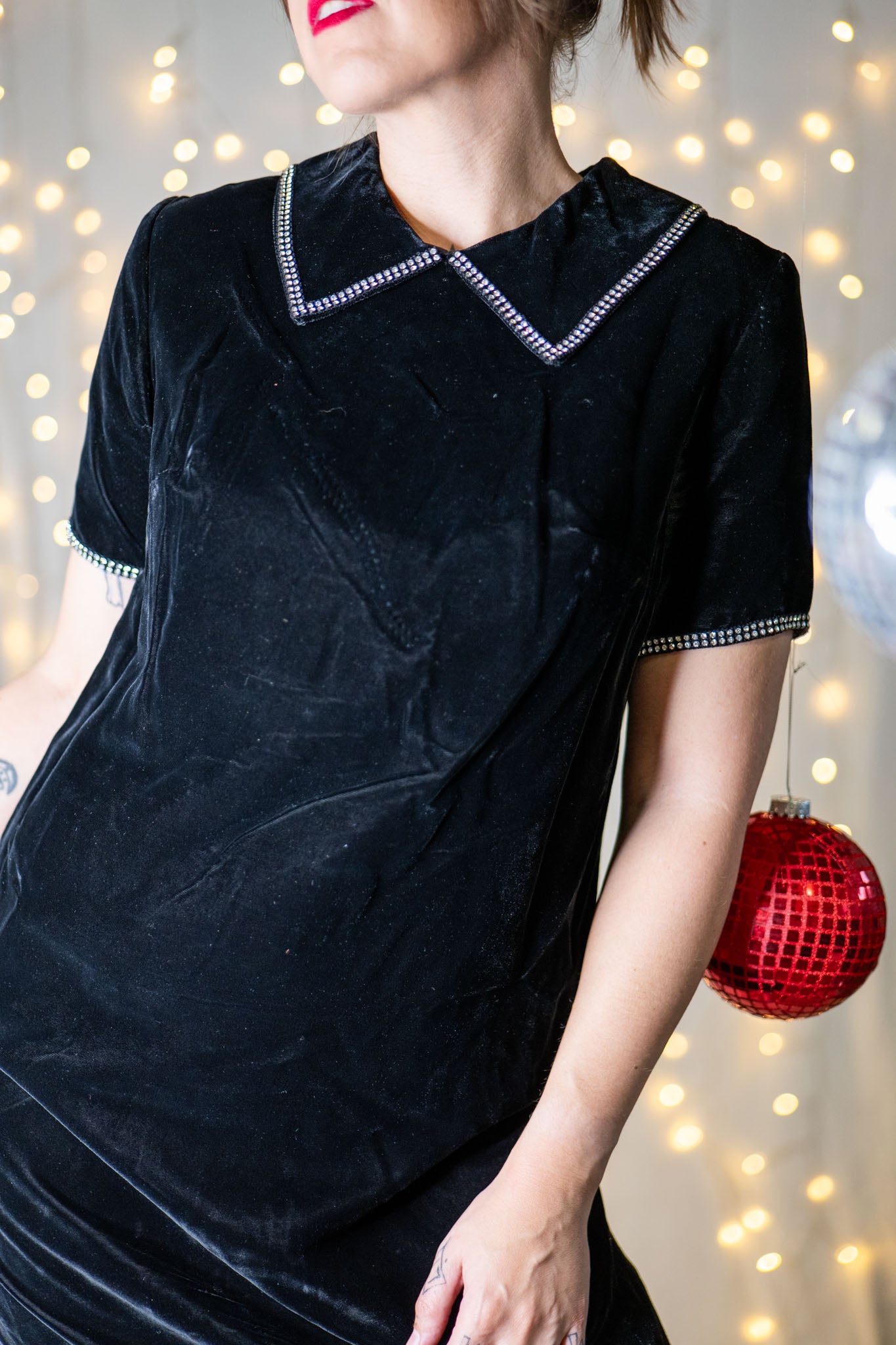 vintage 60s black velvet dress with rhinestone trim collar