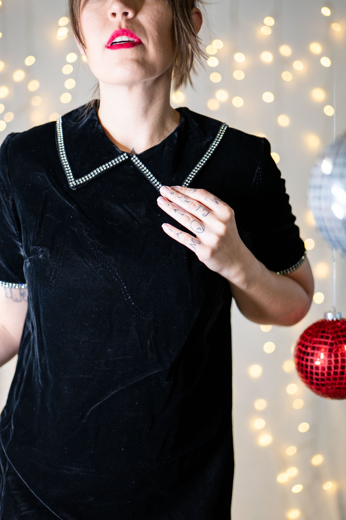 vintage 60s black velvet dress with rhinestone trim collar