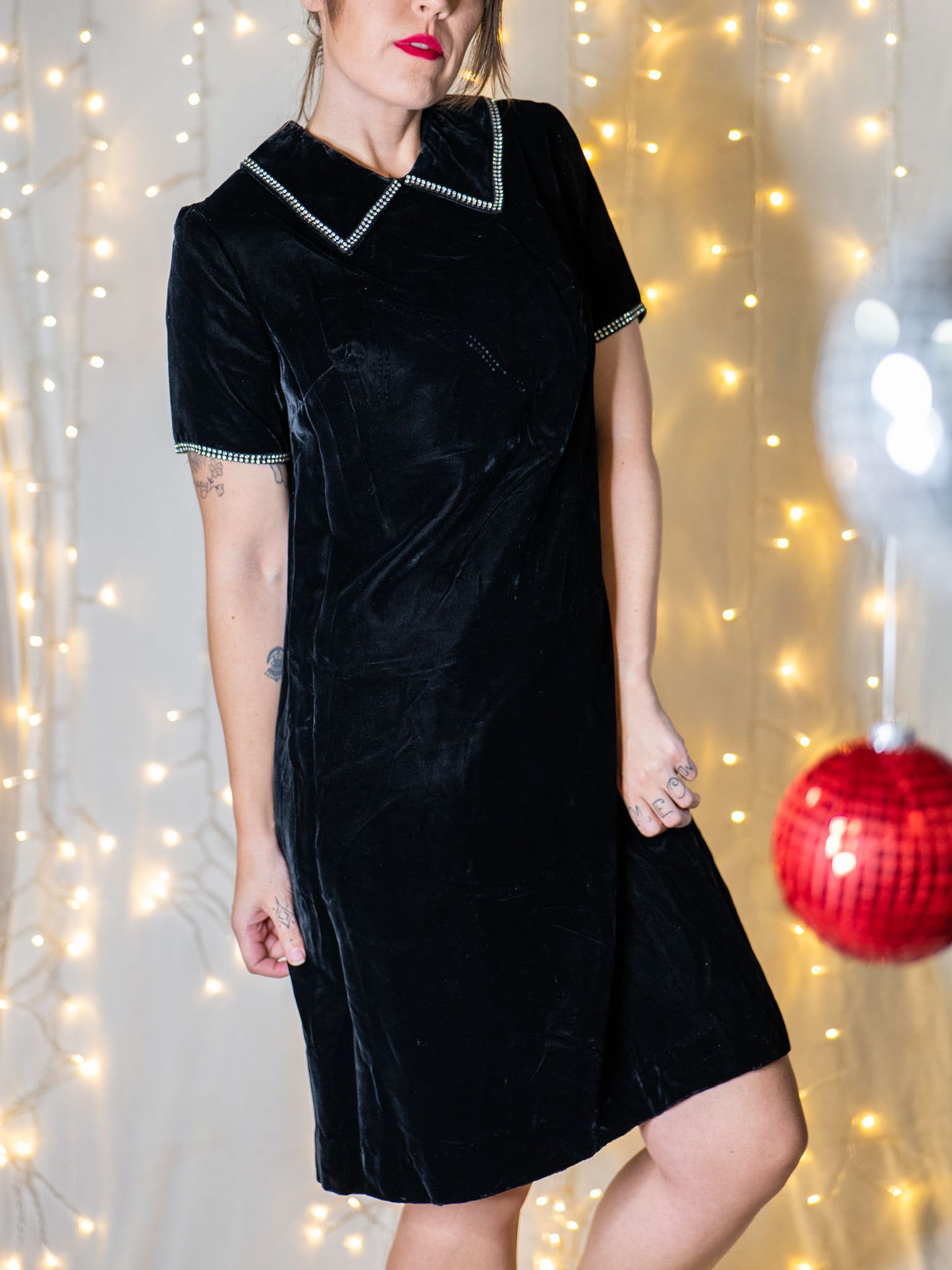 vintage 60s black velvet dress with rhinestone trim collar
