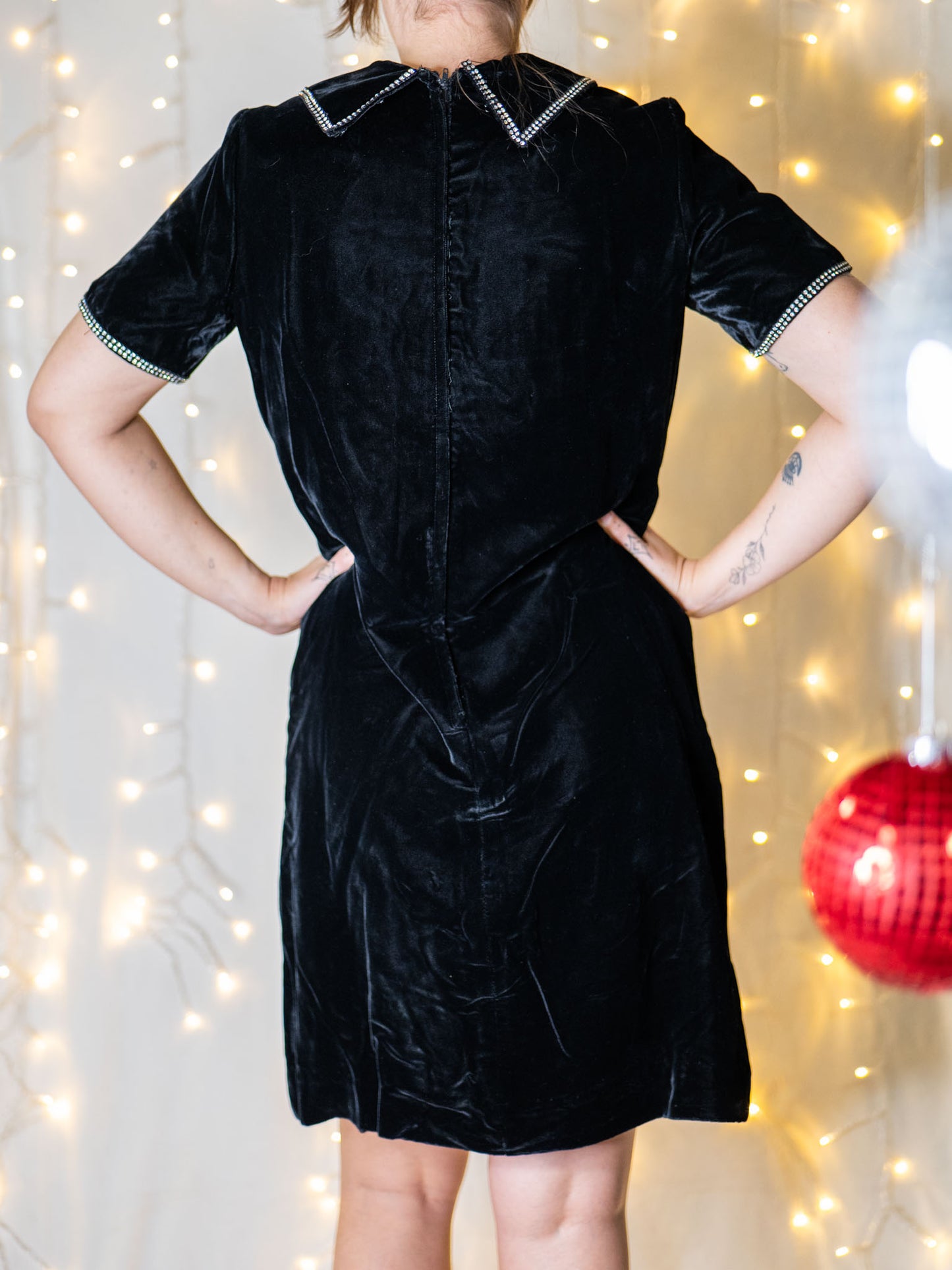 vintage 60s black velvet dress with rhinestone trim collar
