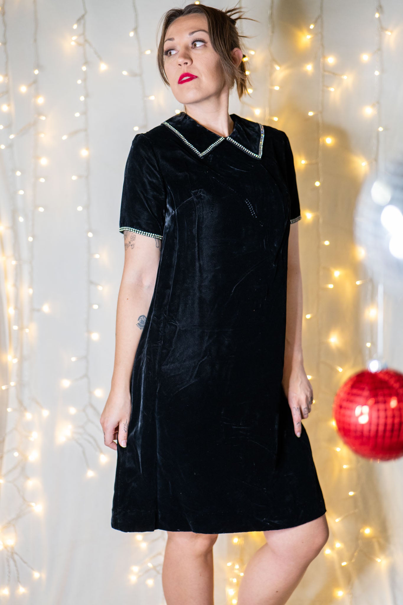 vintage 60s black velvet dress with rhinestone trim collar