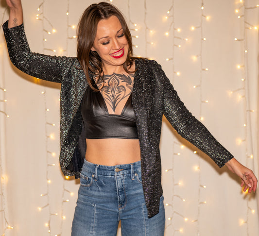 vintage 70s glittery black + silver lurex cardigan