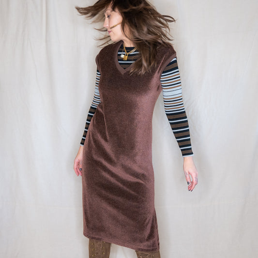vintage 1970s velour sleeveless chocolate brown dress