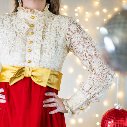 vintage 70s lace & velvet maxi dress with mustard satin bow