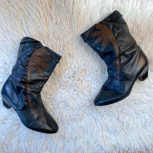 vintage 80s floral leather slouchy boots / size 6