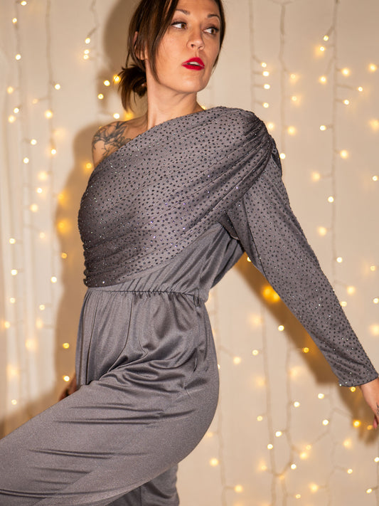 vintage 80s glittery asymmetrical one sleeve jumpsuit