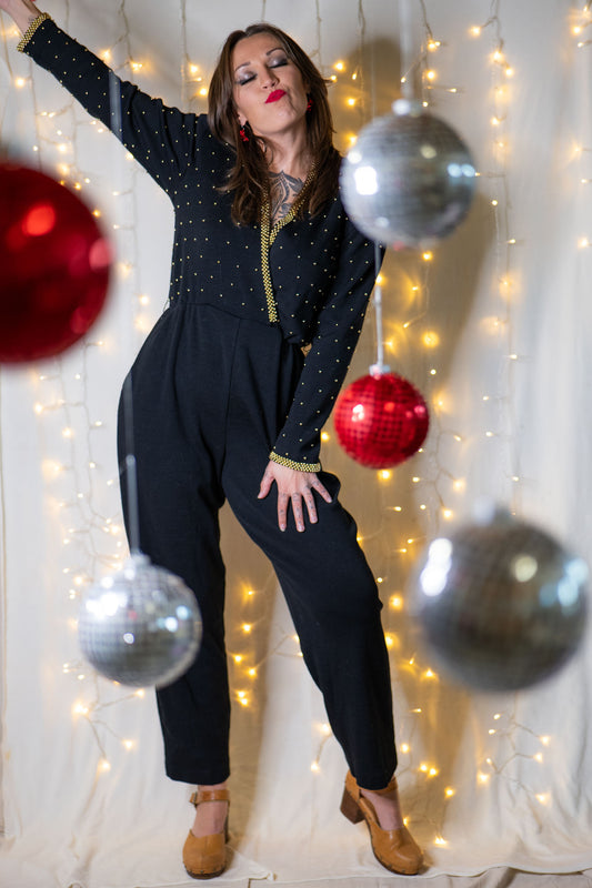 vintage 80s black + gold beaded wool jumpsuit