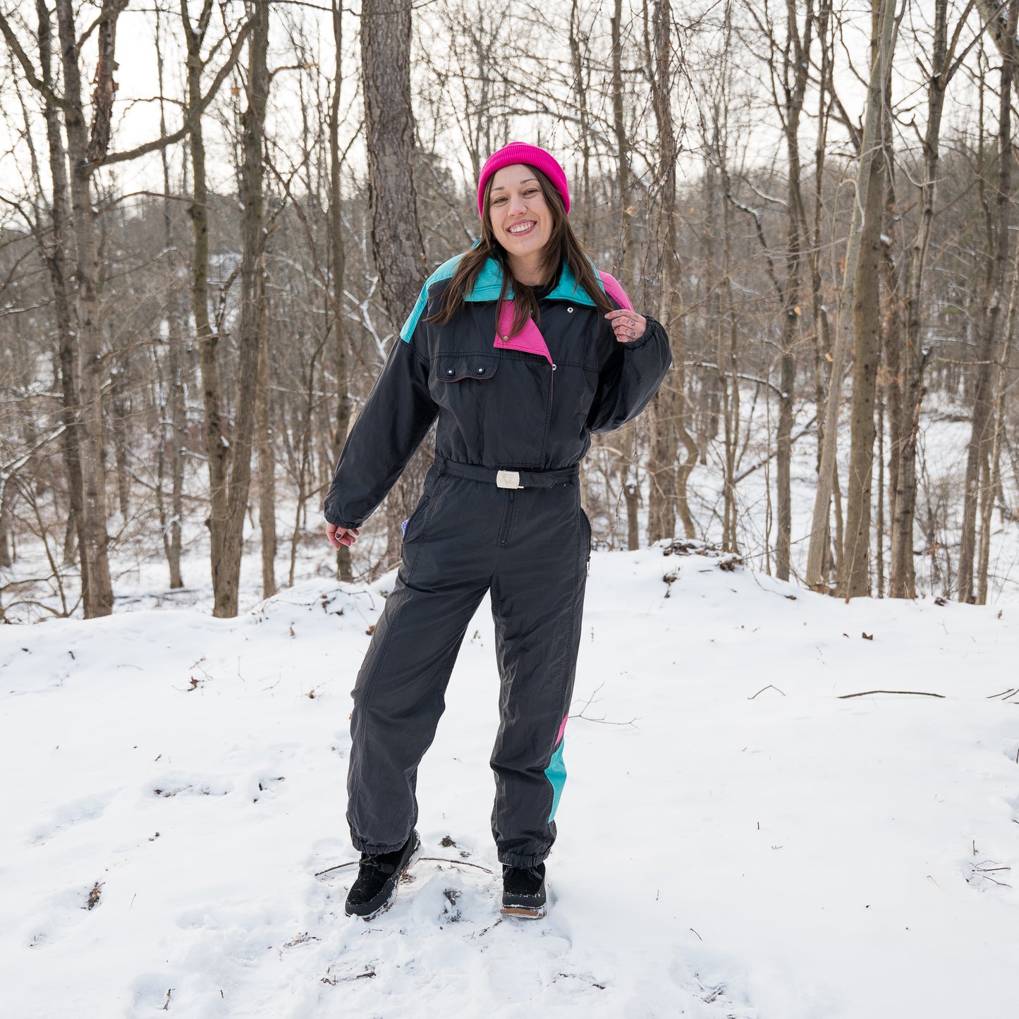 vintage 1980s black turquoise pink ski suit snowsuit