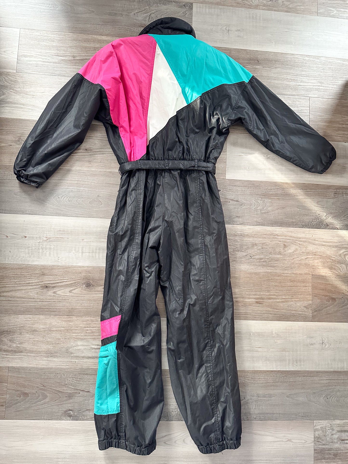 vintage 1980s black turquoise pink ski suit snowsuit