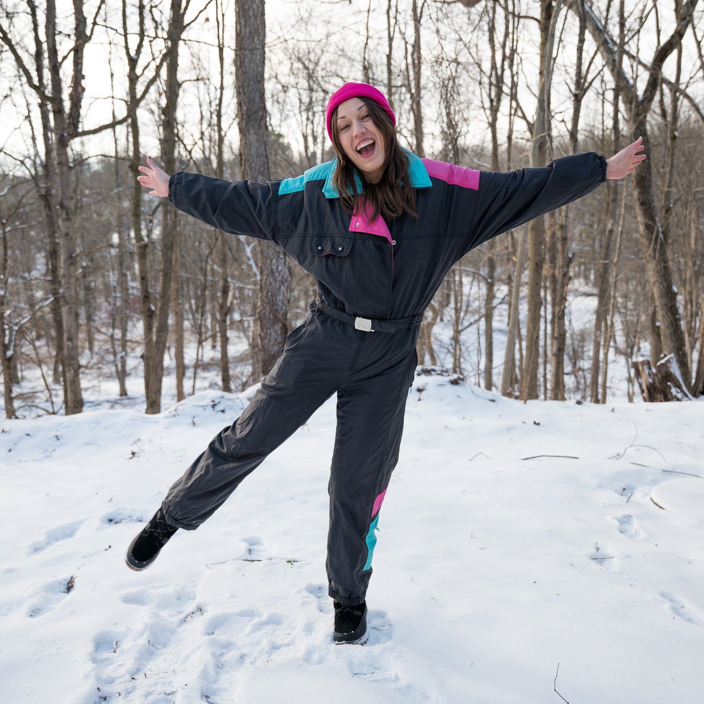 vintage 1980s black turquoise pink ski suit snowsuit