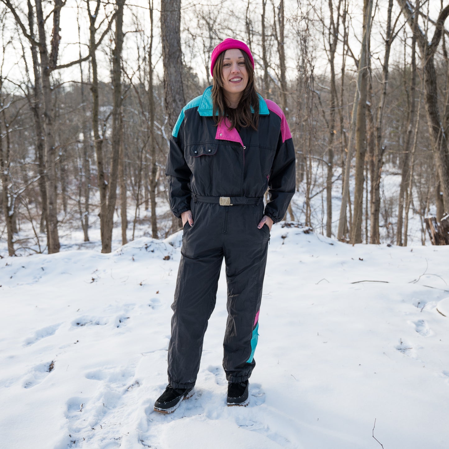 vintage 1980s black turquoise pink ski suit snowsuit
