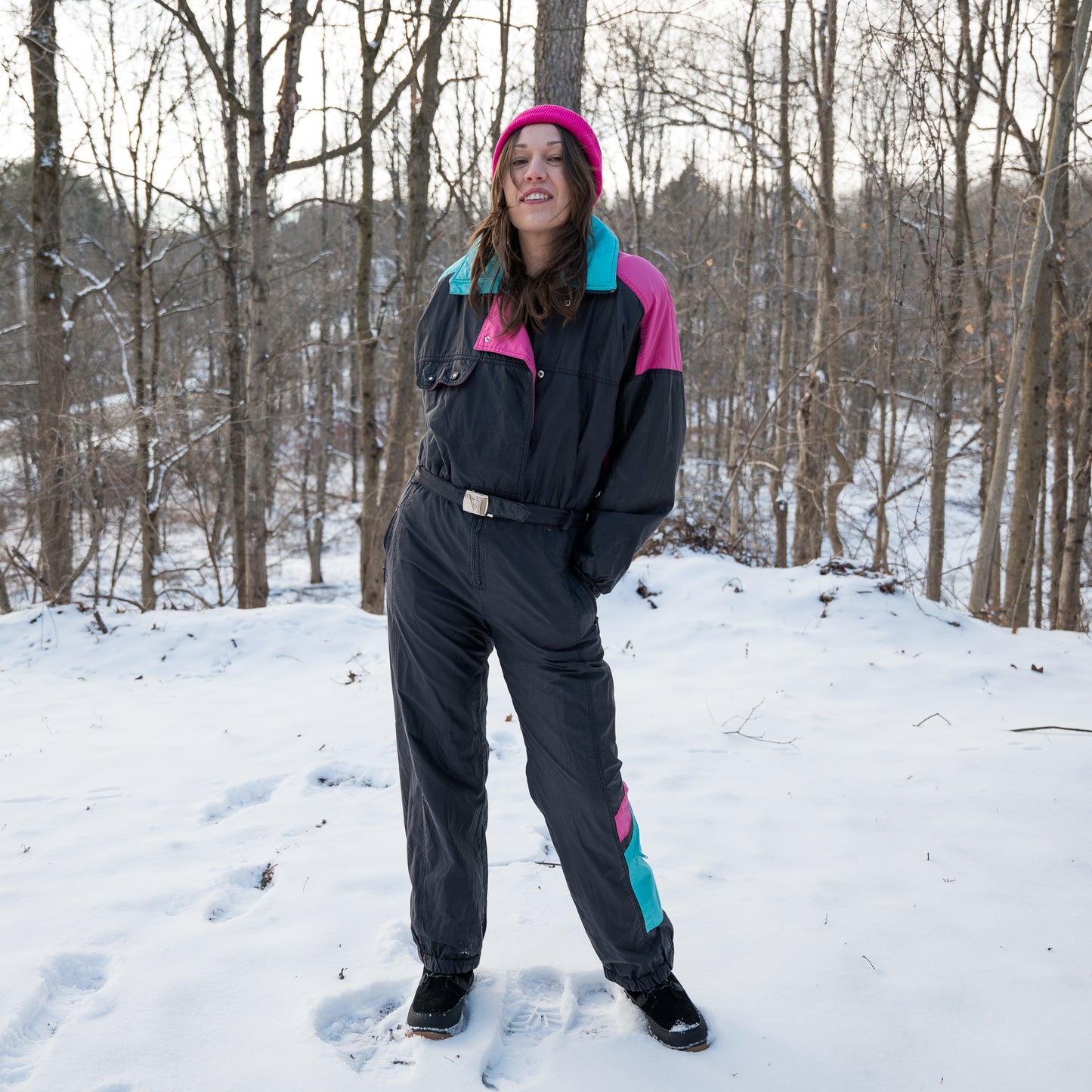 vintage 1980s black turquoise pink ski suit snowsuit