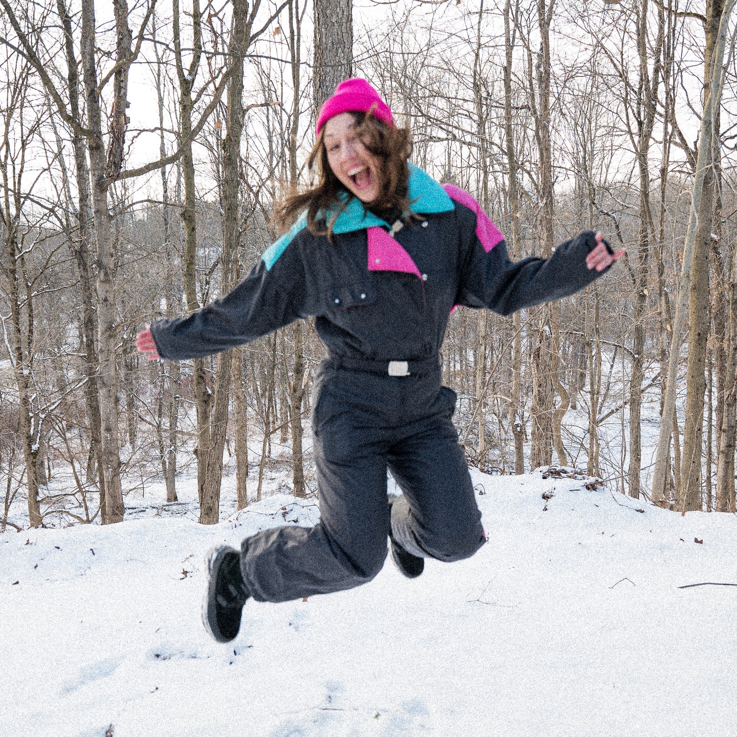 vintage 1980s black turquoise pink ski suit snowsuit