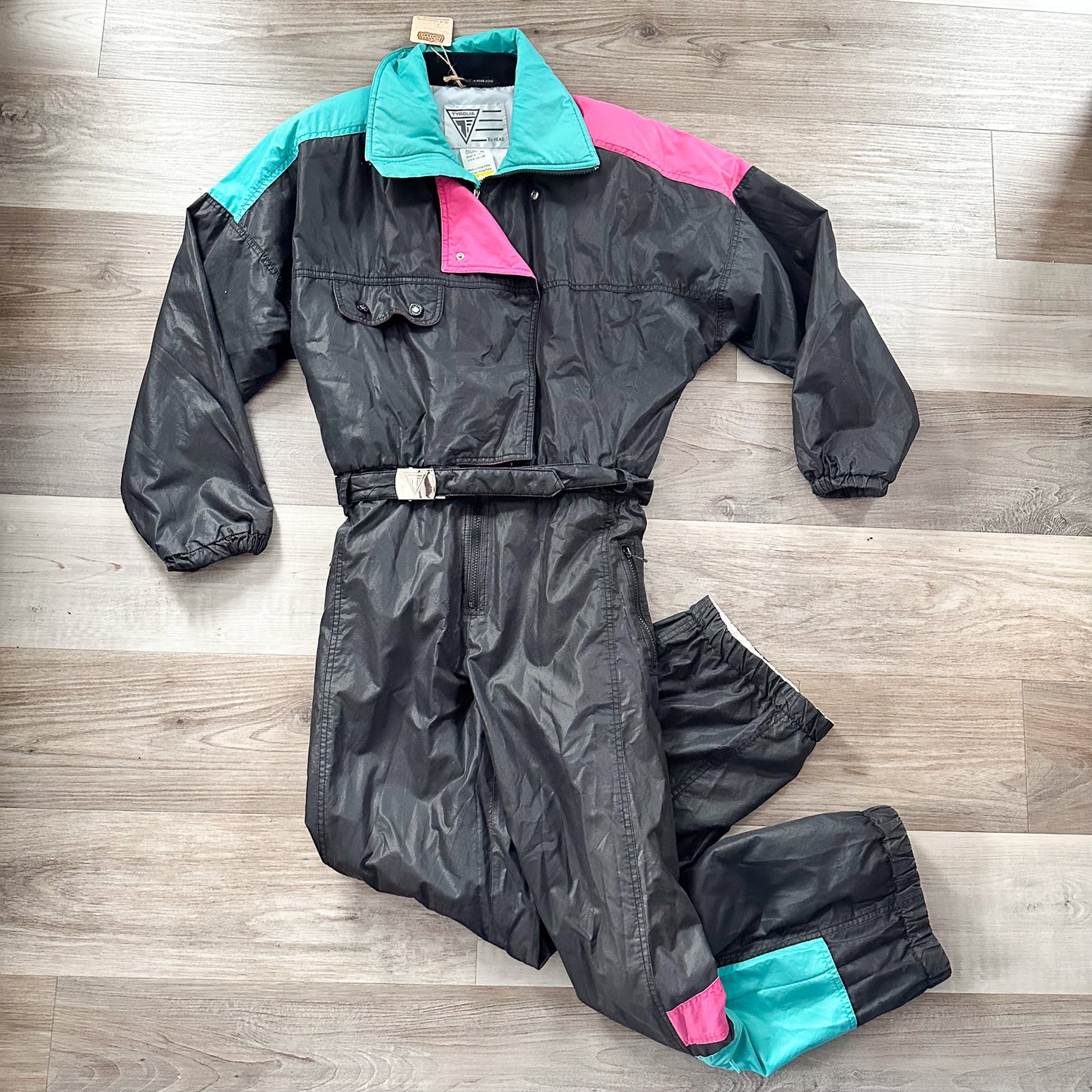 vintage 1980s black turquoise pink ski suit snowsuit