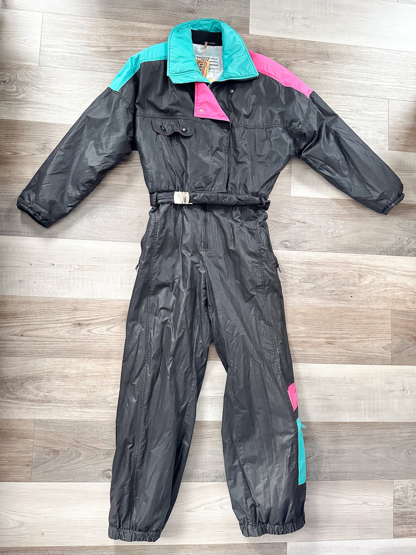 vintage 1980s black turquoise pink ski suit snowsuit