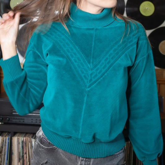vintage 80s emerald green velvet turtleneck sweatshirt