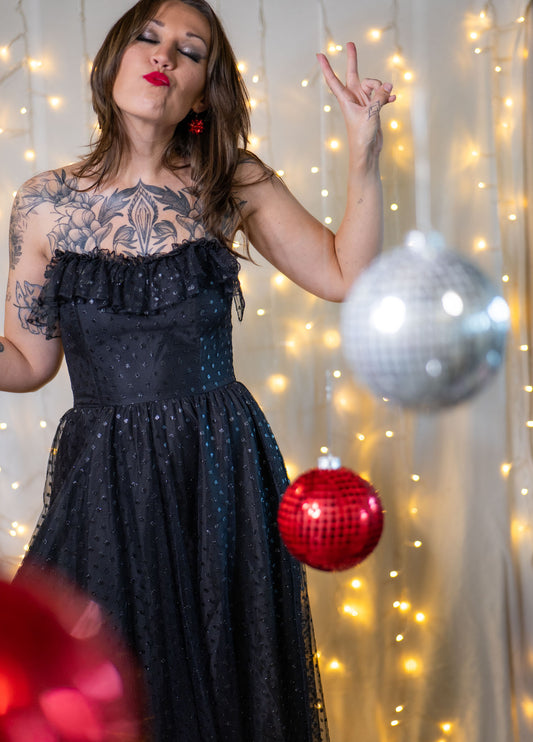 vintage 80s polka dot shimmery strapless party dress
