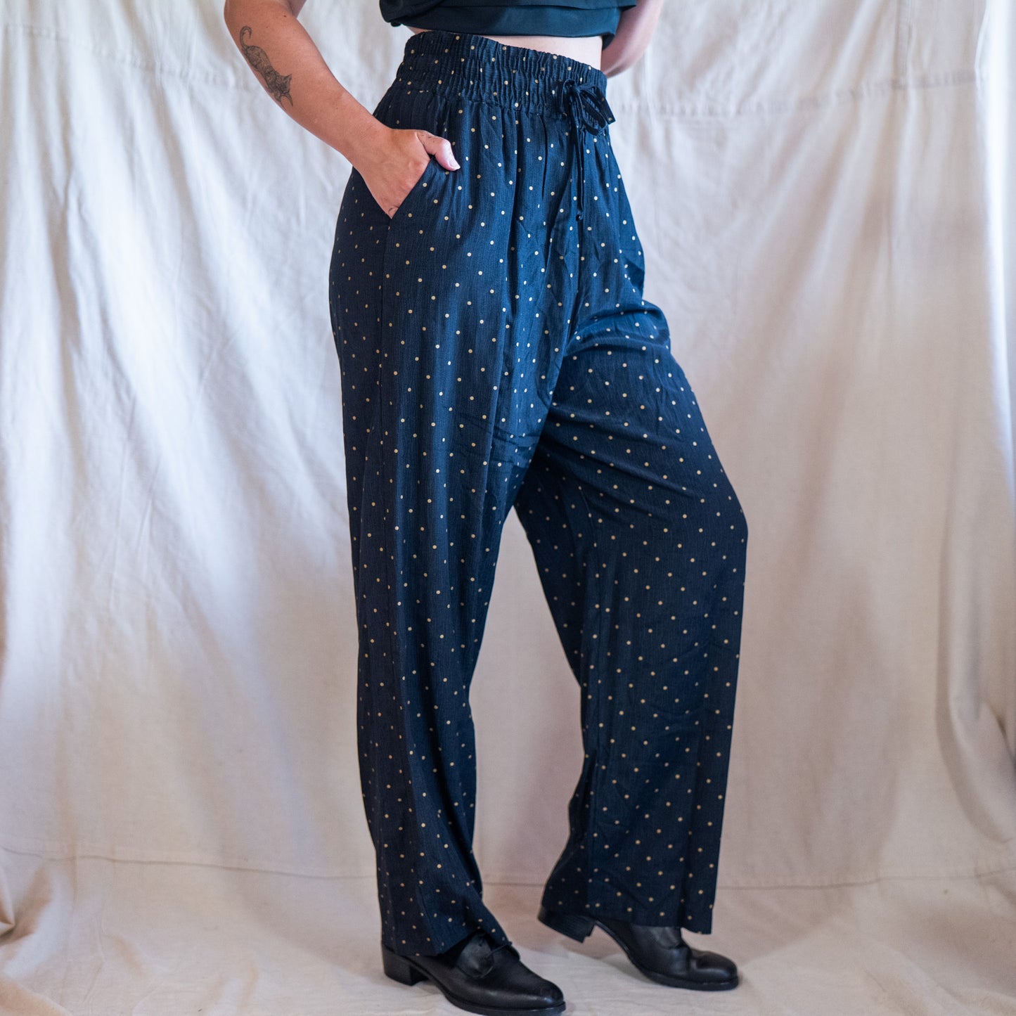 vintage 80s deadstock black & gold polka dot wide leg pants