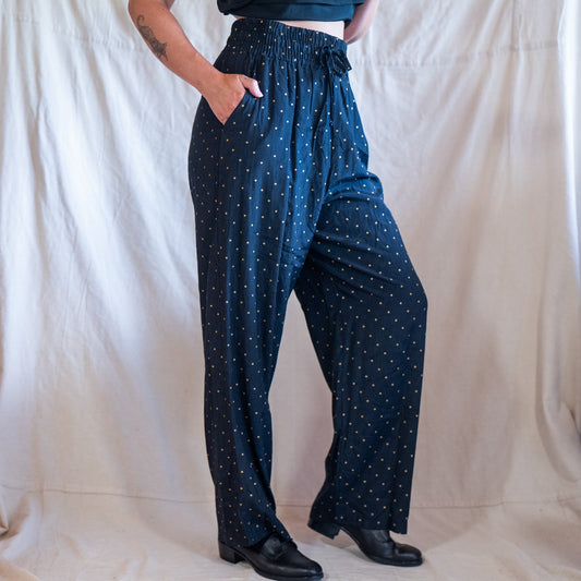 vintage 80s deadstock black & gold polka dot wide leg pants