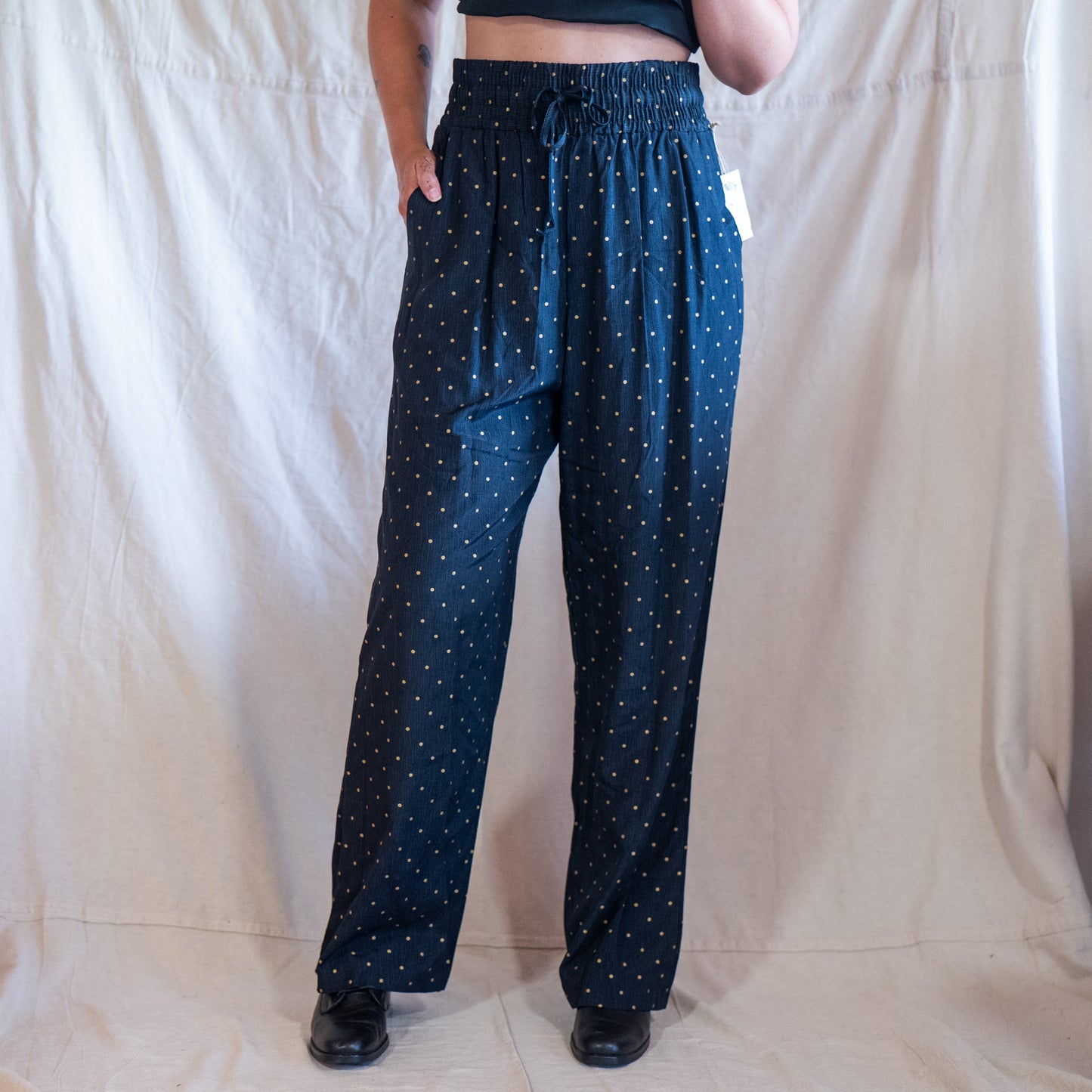 vintage 80s deadstock black & gold polka dot wide leg pants