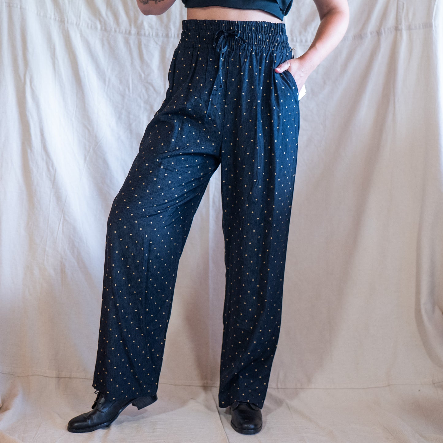 vintage 80s deadstock black & gold polka dot wide leg pants