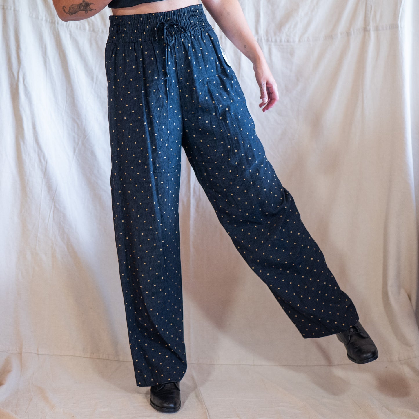 vintage 80s deadstock black & gold polka dot wide leg pants