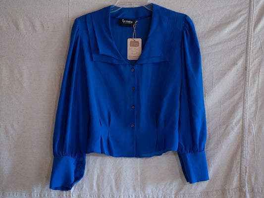 vintage 80s blue collared balloon sleeve secretary blouse