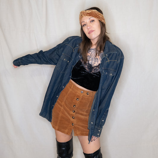 modern y2k denim snap up western shirt